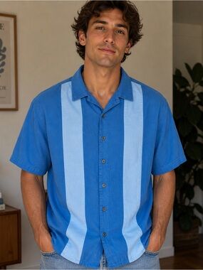 Vintage Silk Circa 1969 Silk Shirt Blue with Gray Stripe sz XL